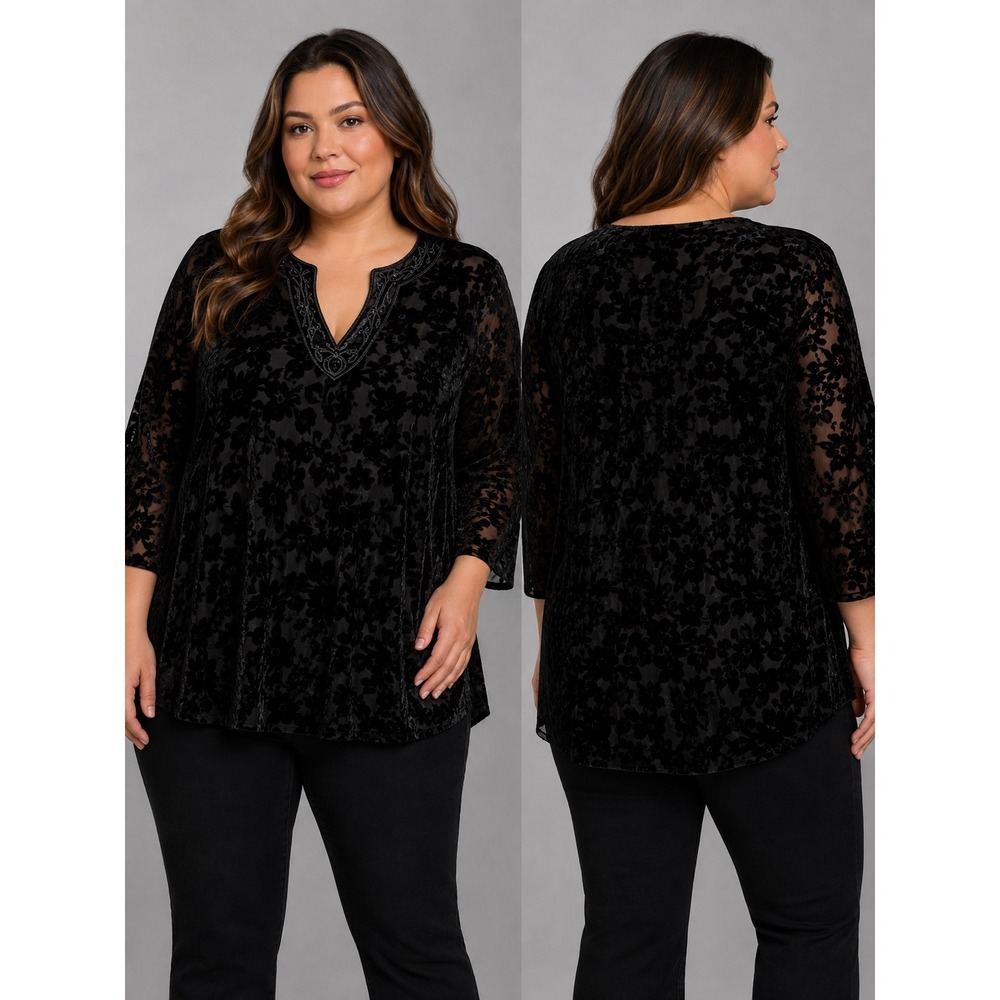 Maggie Barnes Black Burnout Velvet Floral Top Dark Romantic Witchy Women Plus 1x